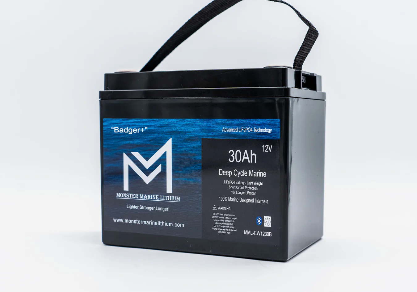 12v 30Ah Deep Cycle Lithium Marine Battery "Badger" - Bluetooth - MML-1230B